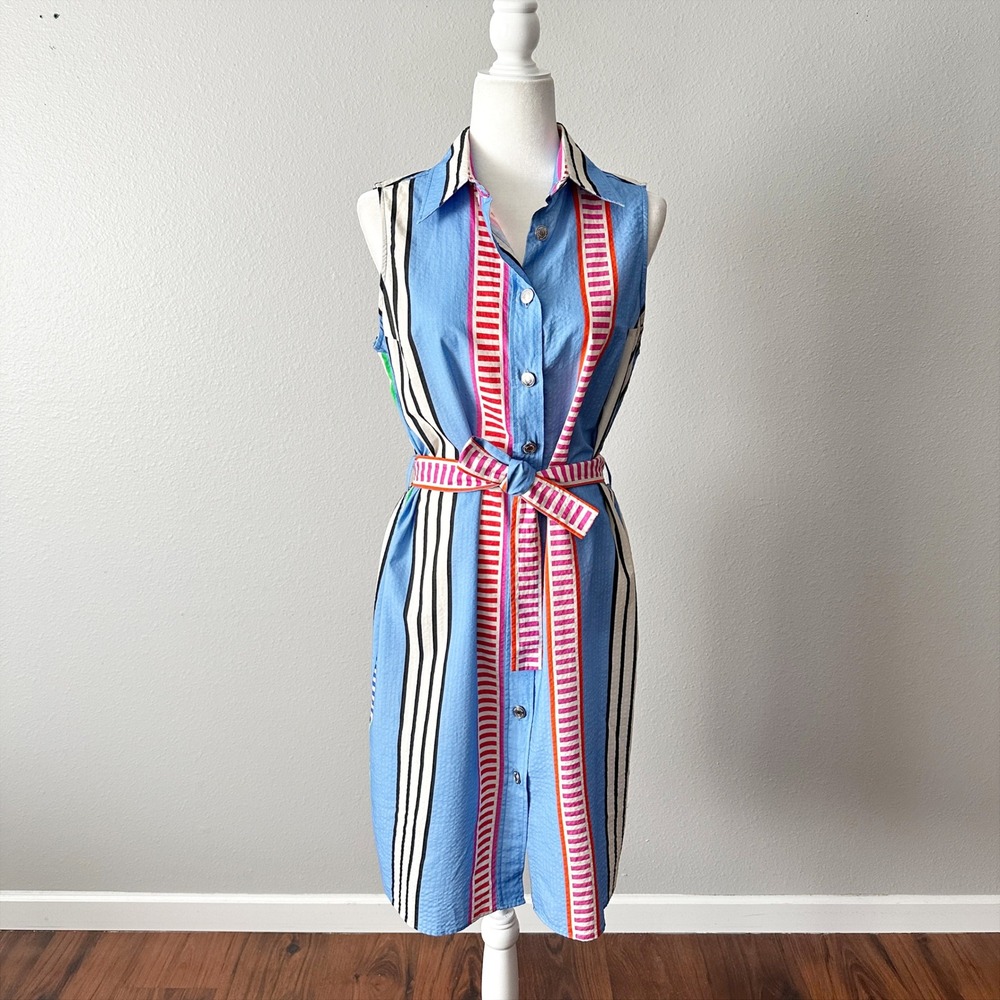 VILAGALLO Mariya Dress in Azul Seersucker EU Size 40 Blue Stripe Belted
